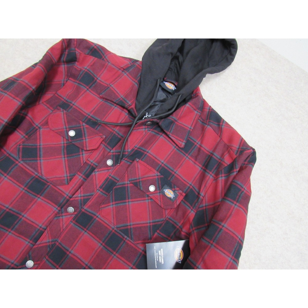Dickies Mens Hooded Flannel Shirt Jacket Red Black Plaid DWR Relaxed Fit Medium